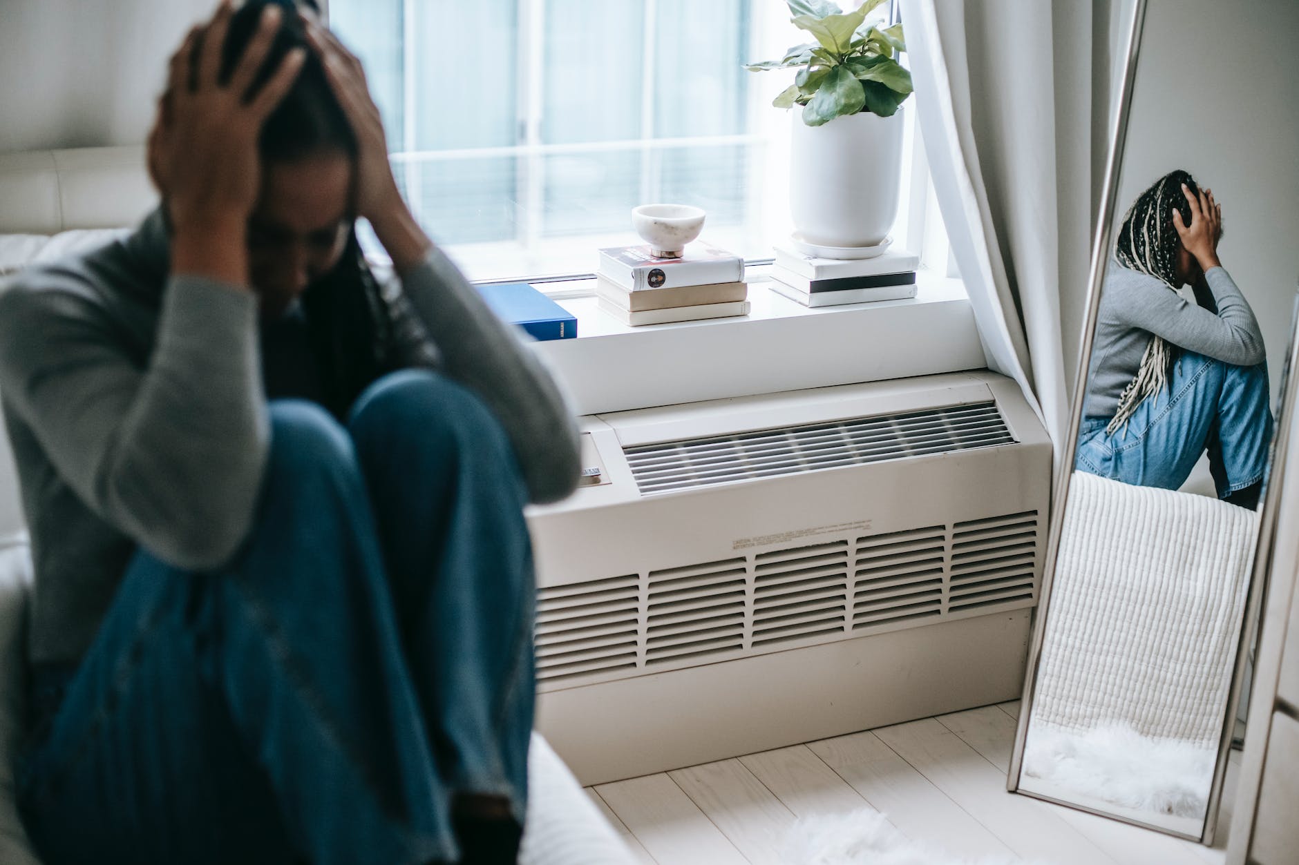 depressed woman having headache and stress